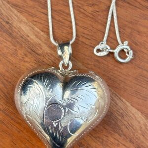 Vintage Sterling Silver Engraved Heart Necklace 925 20”